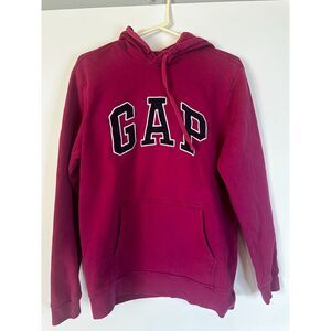 GAP Womens Y2K Hoodie M Pink Cerise Arch Logo Pullover Fleece 2000s Vintage